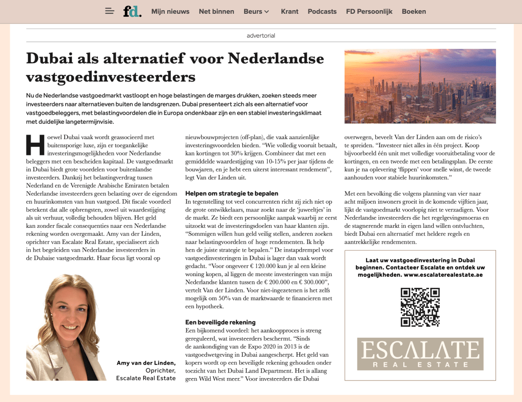 Financieel Dagblad: Escalate Nederlandse Makelaar in Dubai